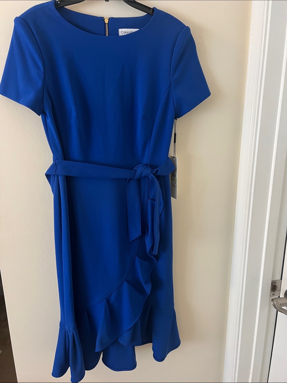 Calvin Klein Cobalt Blue Short Sleeve Ruffle Wrap Dress